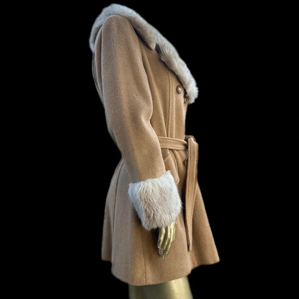 Vintage wool & faux fur collar double-breasted belted coat penny lane style, 14 - Picture 2 of 11